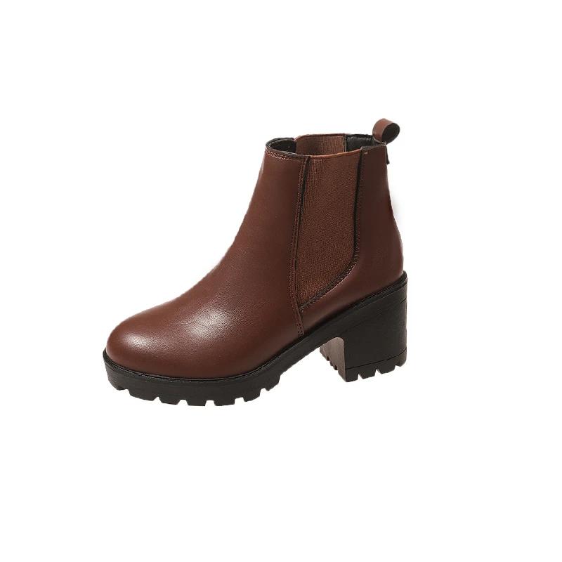 

Модные зимние женские сапоги 2024 года высокого качества с круглым носком, модные однотонные короткие туфли большого размера на среднем каблуке, женские модные сапоги 43 коричневый