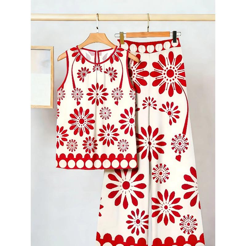 Plus Size Women's Summer Sleeveless Asymmetric Tank Top and Printed Pants Two Piece Set
