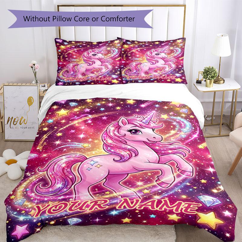 3pcs Custom Name Unicorn Dreams Space Bedding Set Printed Bedding Set Duvet Cover Closure Includes 1 Duvet Cover & 2 Pillowcases Bedroom Decor