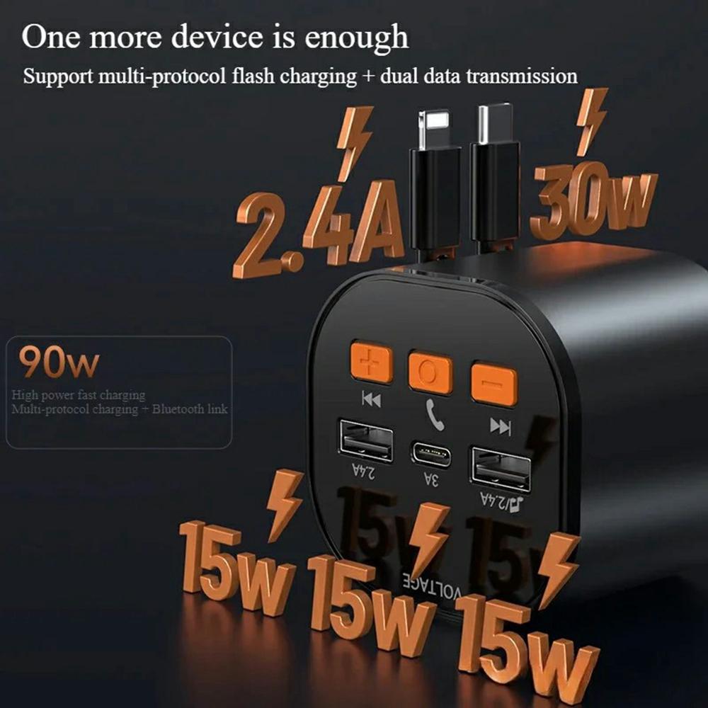 PT-21 FM Transmitter Car Charger Voltage Display PD Fast Charging Adapter with iP/Type C Retractable Cables