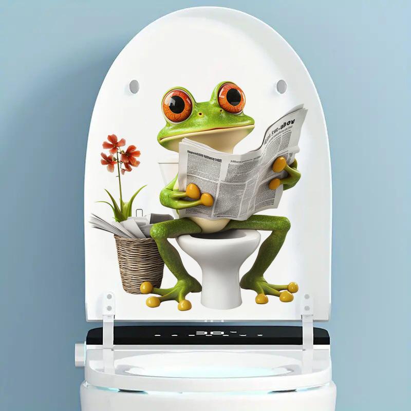 Tecknad groda badrumsklistermärke Realistisk groda på blommor med tidning Toalettdekal Söt djurväggklistermärke för badrumsdekor
