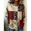 Women's Retro Floral Patchwork Drawstring Button Up Blouse, Casual Round Neck Tops for Spring Summer Daily Vacation Wear