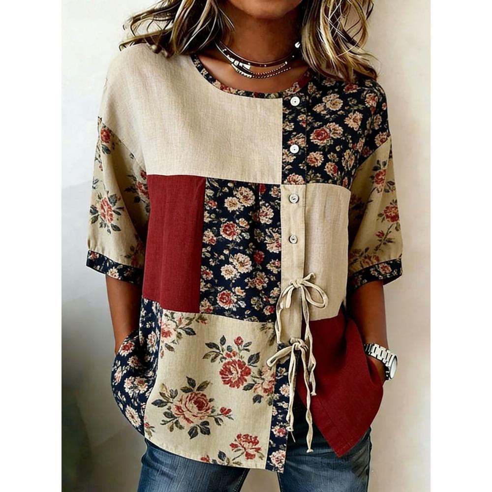 Women's Retro Floral Patchwork Drawstring Button Up Blouse, Casual Round Neck Tops for Spring Summer Daily Vacation Wear