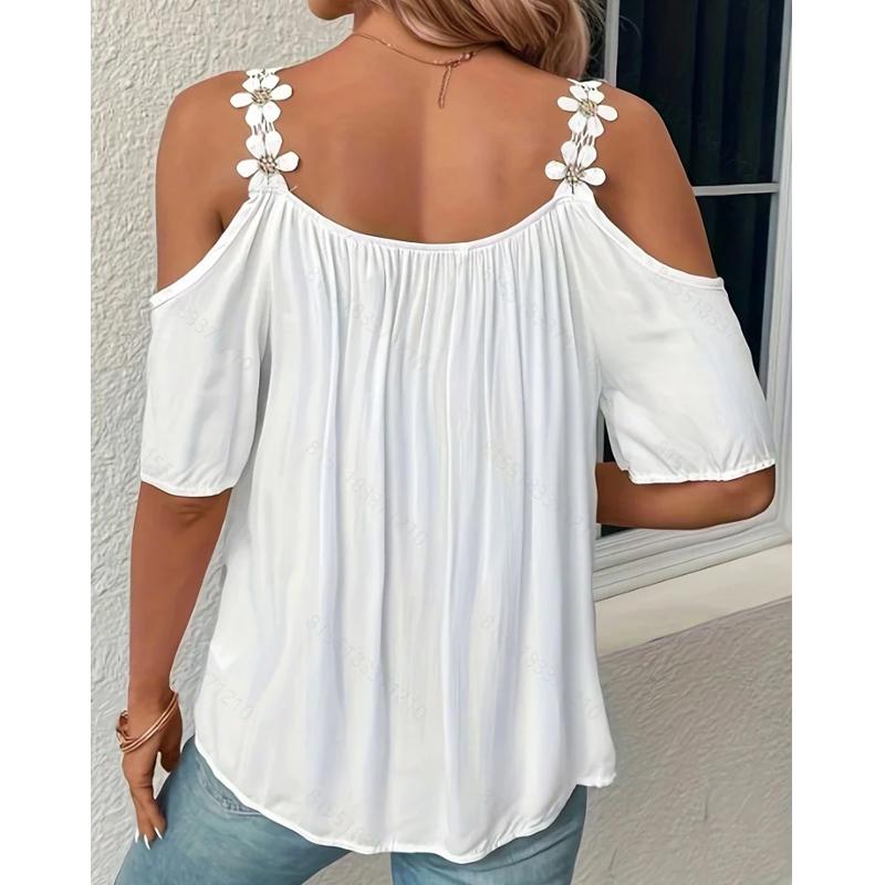 Letní Sexy Dámská Halenka Bez Ramínek Květiny Volná Krátký Rukáv Dámská Elegantní Ležérní Kulatý Výstřih Volné Bílé Topy