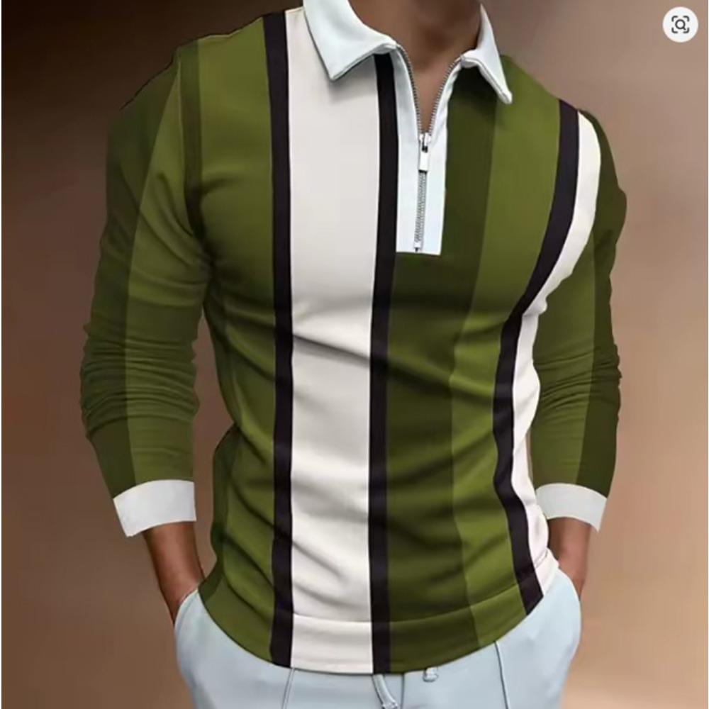 Men's 3D Stripe Printed Zipper Polo Shirt Long Sleeve Spring and Autumn Wear Trendy Brand Three-dimensional Pattern Casual Top