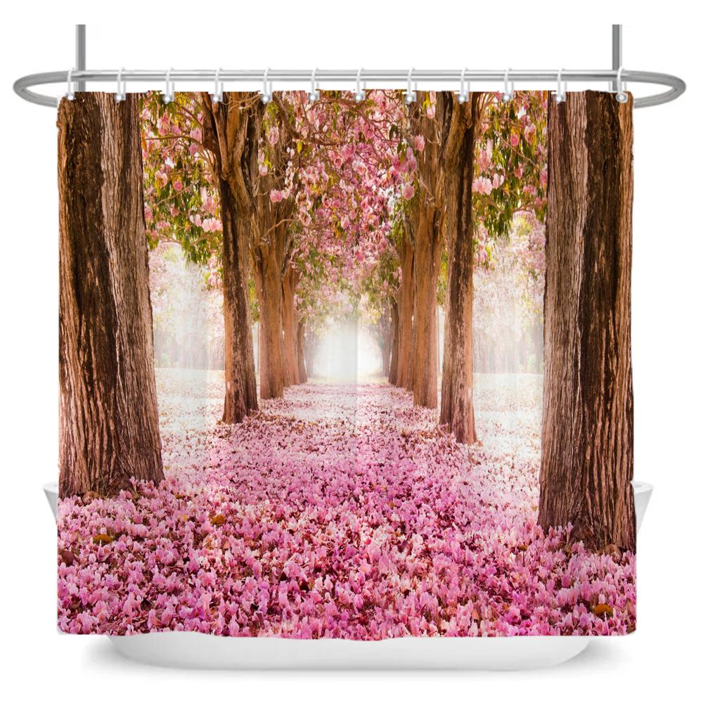 Rural Flowers Scenery Shower Curtain Dreamlike Blooming Flowers Tree Home Bathtub Decor Waterproof Polyester Bathroom Curtains