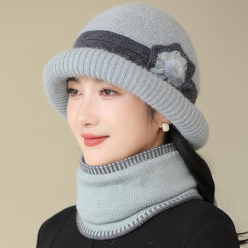 

Комплекты из шарфа и шапки, шерстяная шапка для женщин среднего возраста, защита ушей, теплая вязаная шапка в западном стиле, закатанный край с бархатной бабушкиной шапкой