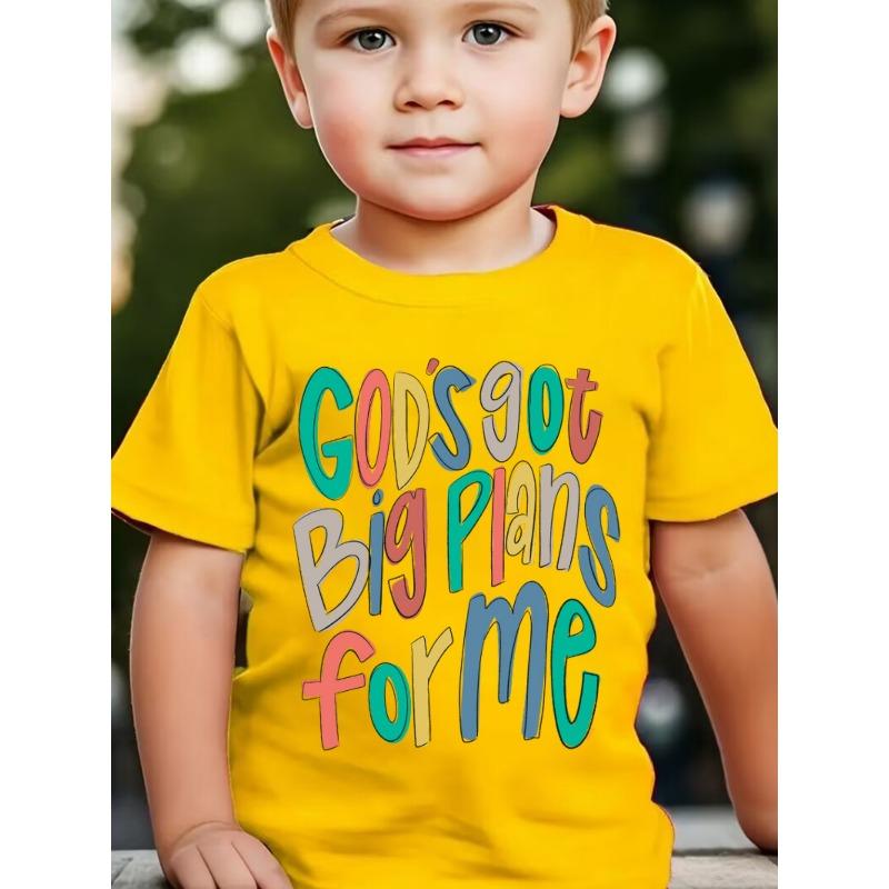 

European Size Boys Round Neck Short Sleeved T Shirt with English Print GODS GOT BIG PLANS for ME 164cm жовтий
