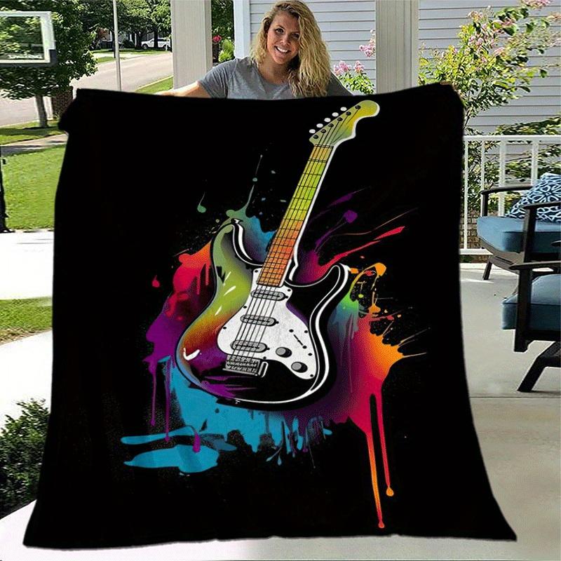 1pc Guitar Printing Lightweight Flannel Blanket, Comfortable and Warm Blanket, for Camping Sofa Bed and Couch Office, Gift