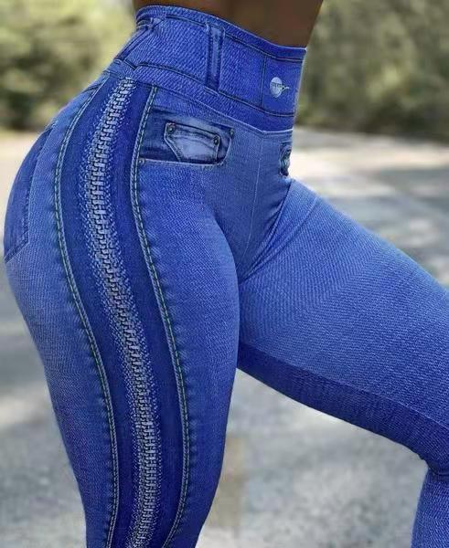 2024 Autumn Winter Women's High Waist High Elastic Imitation Denim Leggings Solid Color Fitness Sports Yoga Pants