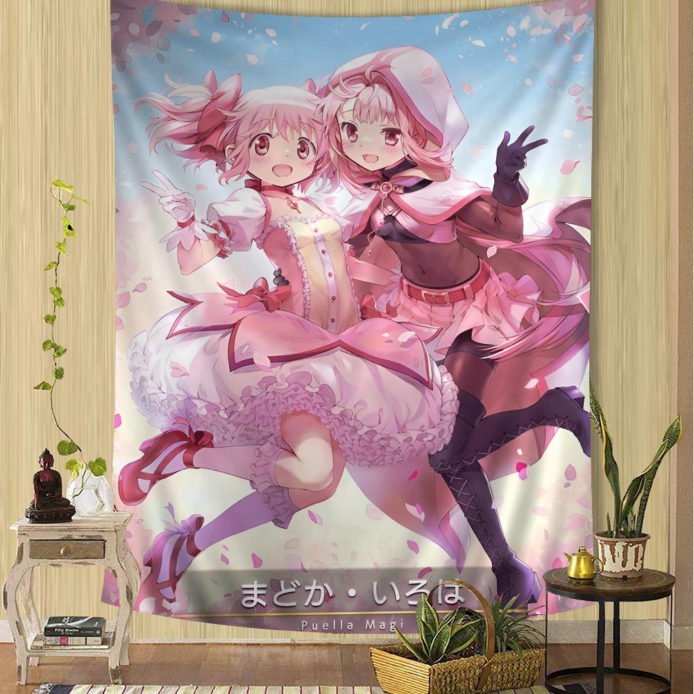 Kawaii Magical Girl Tapestry Flat Print Pink Hair Anime Girl Wall Hanging for Bedroom Dorm Aesthetic Manga Room Decor Art