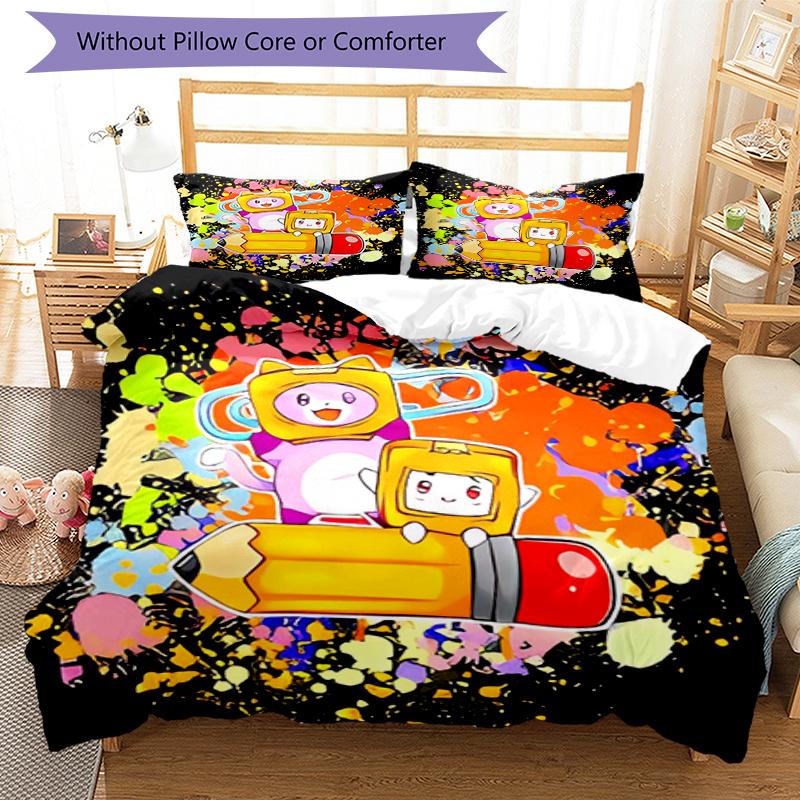 3pcs Lankybox Foxy and Rocky3 Pattern Bedding Set Duvet Cover Set Includes Duvet Cover &pillowcases, Perfect All Season Bedroom Decoration & Gift