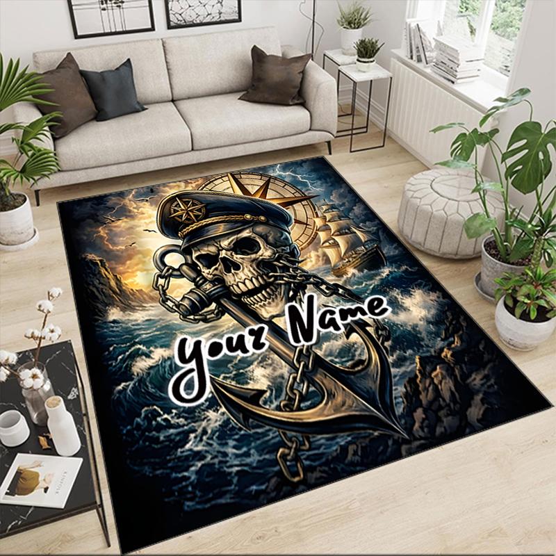 1PC Custom Name Nautical Skull Anchor Theme Floor Mat Ideal for Living Room, Game Rooms, Office, Bedroom,Floor Mat Playful Design
