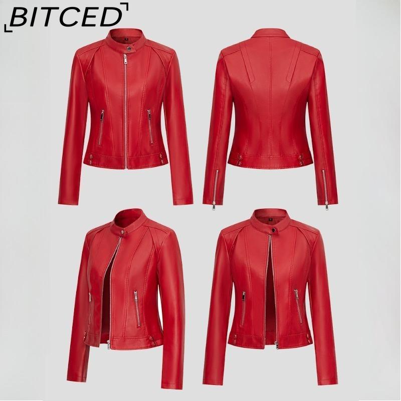 Fashionable Women's PU Leather Jacket, Stand Collar, Lightweight Spring/Autumn Style, Red Leather Jacket