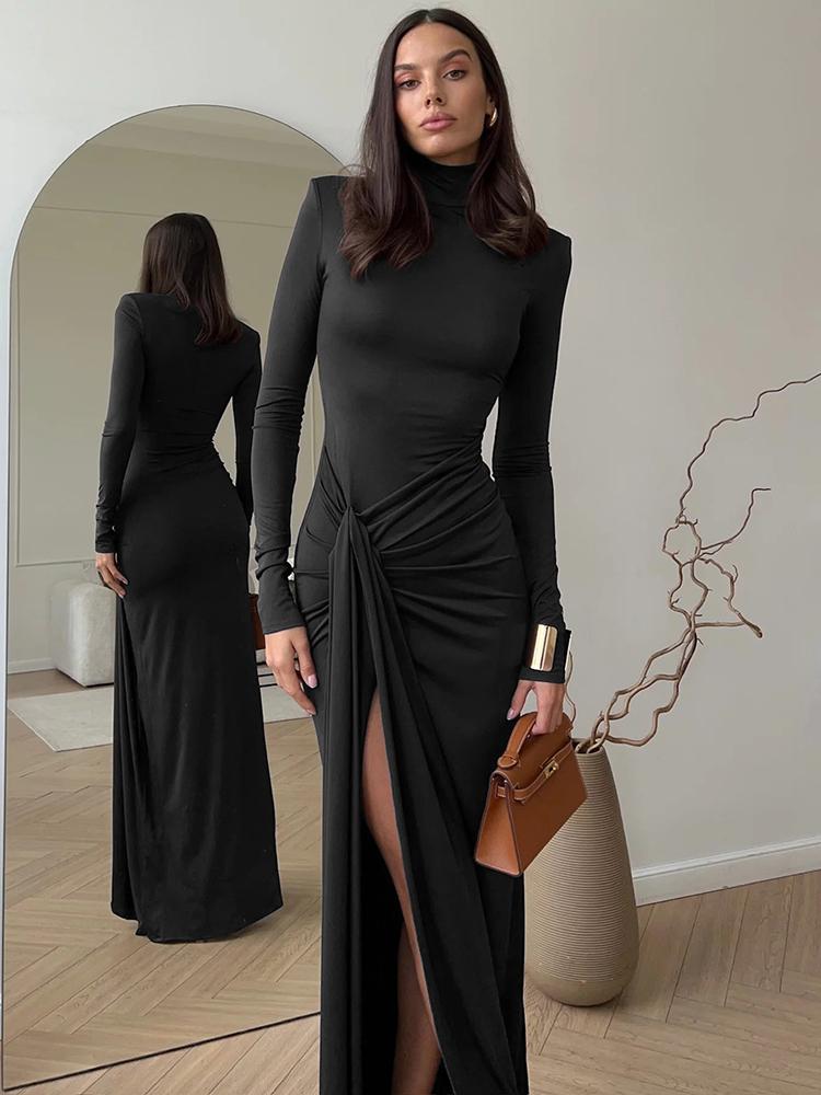 Rolák na stehnech sexy maxi šaty s vysokým rozparkem pro ženy Móda s dlouhým rukávem stažená bandáž Bodycon Club dlouhé šaty