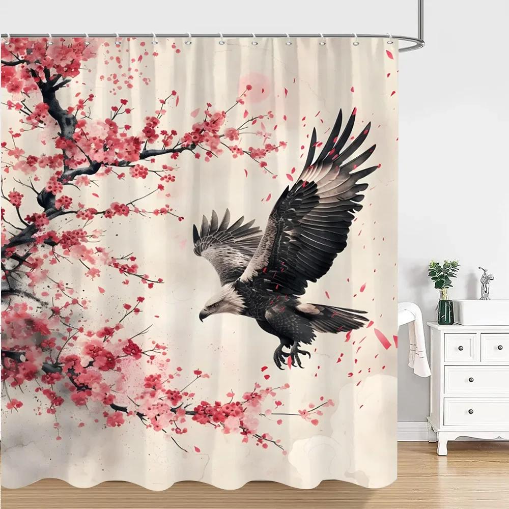 Chinese Japanese Ink Painting Shower Curtain Red Plum Blossom Art Painting Retro Style Polyester Shower Curtains Bathroom Decor