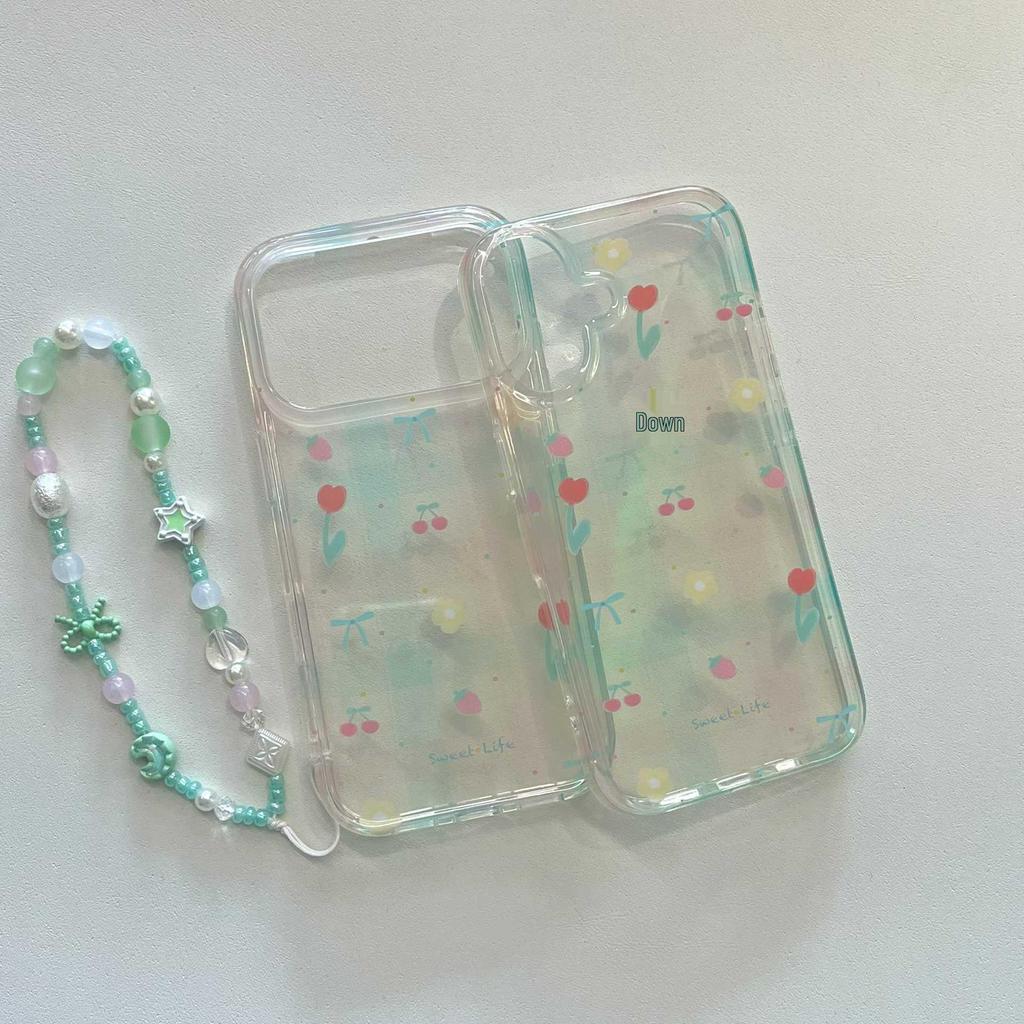 Spring Floral Transparent Plaid Chain iPhone 16/17 Pro Max/15/14 Case for Women