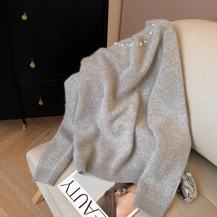 Design Bead Decorated Knitted Sweater Women's Unique Beautiful Temperament Top