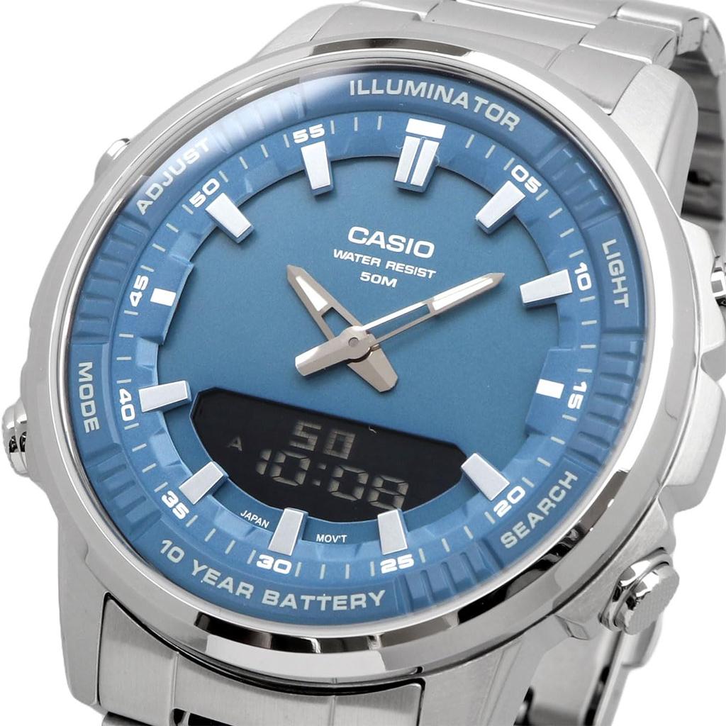 Casio World Time Ana-Digi Quartz Watch AMW-880D-2A1V Grayish Blue Metal Band