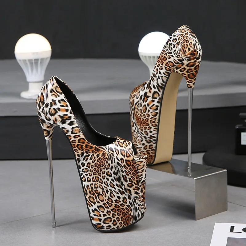 Fashion Women Platform Pumps 22cm High Heel Fashion PU Leather Gold Metal Heel Shallow Slip-on Dance Nightclub Shoes