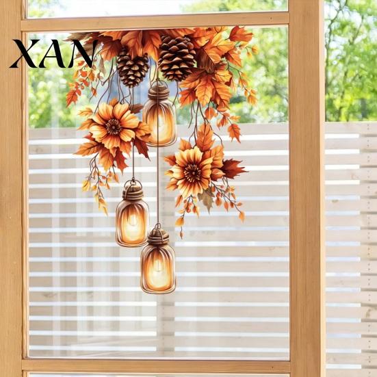 Pumpkin Maple Leaf Stickers Fall Thanksgiving Static Window Clings, Autumn Floral Glass Atmosphere Wall Decor Decals, Removable Harvest Season