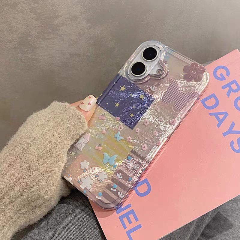 Color Blocked Flower Butterfly Graphic Phone Case for IPhone 16 15 14 13 12 11 X XR Xs SE2 SE 8 7 Plus Pro Max Mini Hard Cover