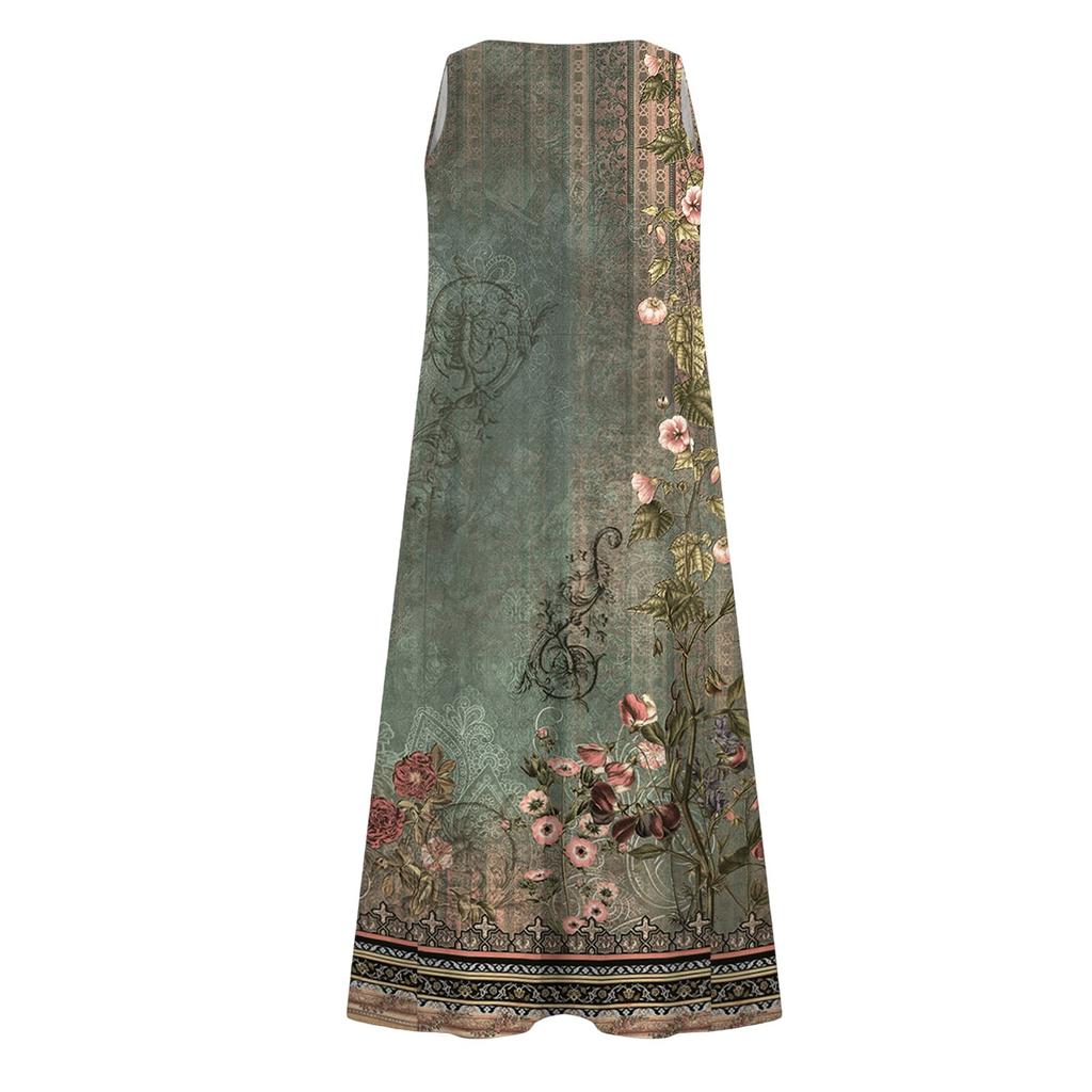 Women's Fashion Round Neck Sleeveless Pleated Beach Dress With Pockets Long Floral Dresses