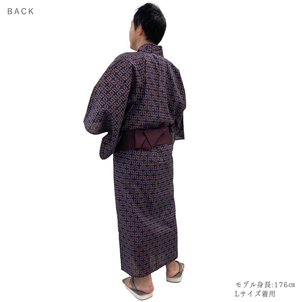 Kimono Yukata Set obi Waterfall Sayagata White and Navy [Kyoto Yuzen] Men's (2 pieces) Cotton, One-touch belt, Men's kimono, pattern, design, (Navy,