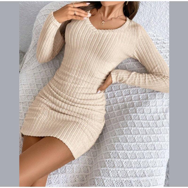 Women's Dresses Autumn Fitting Slim Plain Long Sleeve V-Neck Bodysuit Mini Casual Dresses Sexy Dress for Women