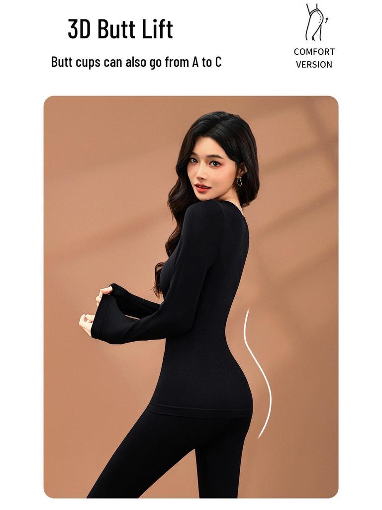 Women's Autumn/Winter Seamless Warm Abdomen-Control Sculpting Base Layer Set: Slim-Fit Top and Pants