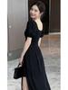 Elegant French Slimming V-neck Slit Dress - Korean Style, Plus Size, Perfect for Outings