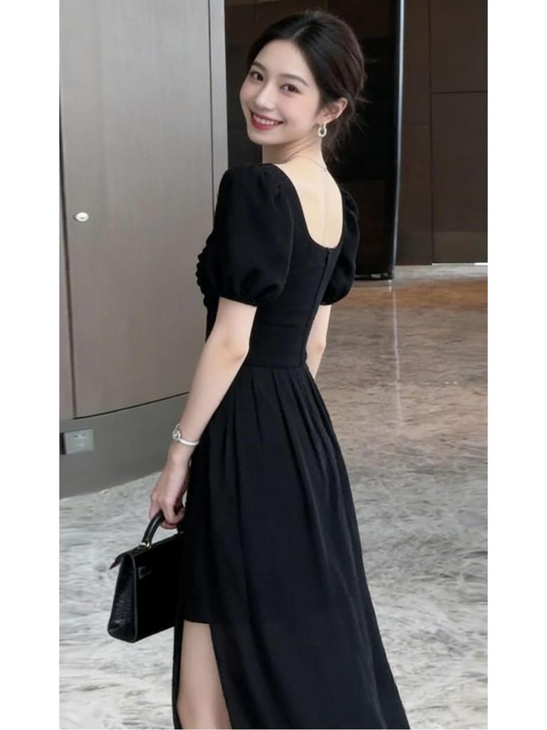 Elegant French Slimming V-neck Slit Dress - Korean Style, Plus Size, Perfect for Outings
