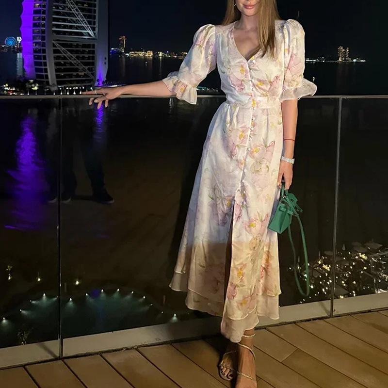 2026 Spring Women's Clothing, European and American Dresses, Casual Loose Waist Plant-printed Dresses