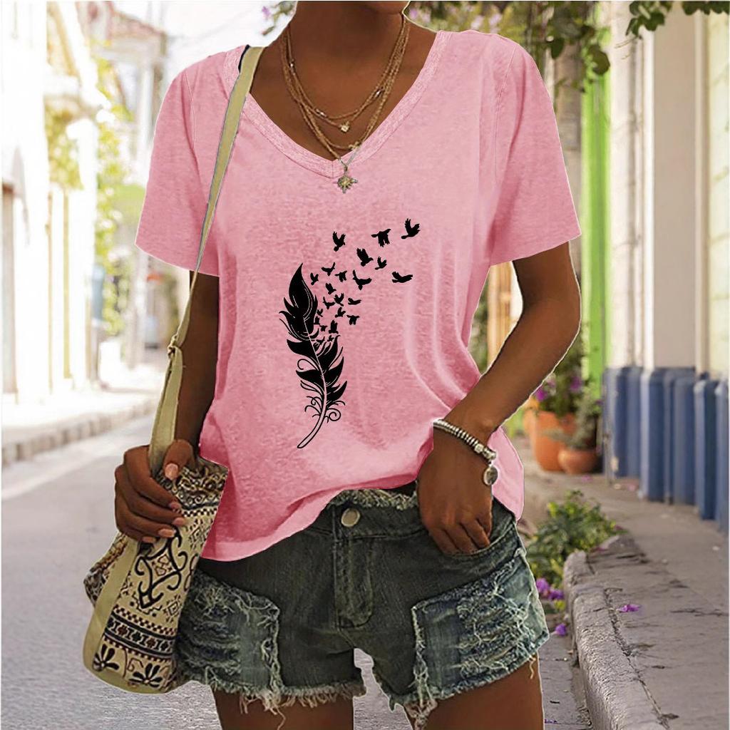 V-neck Feather Print Top Fashion Print Short Sleeve Casual T-Shirts Women’s