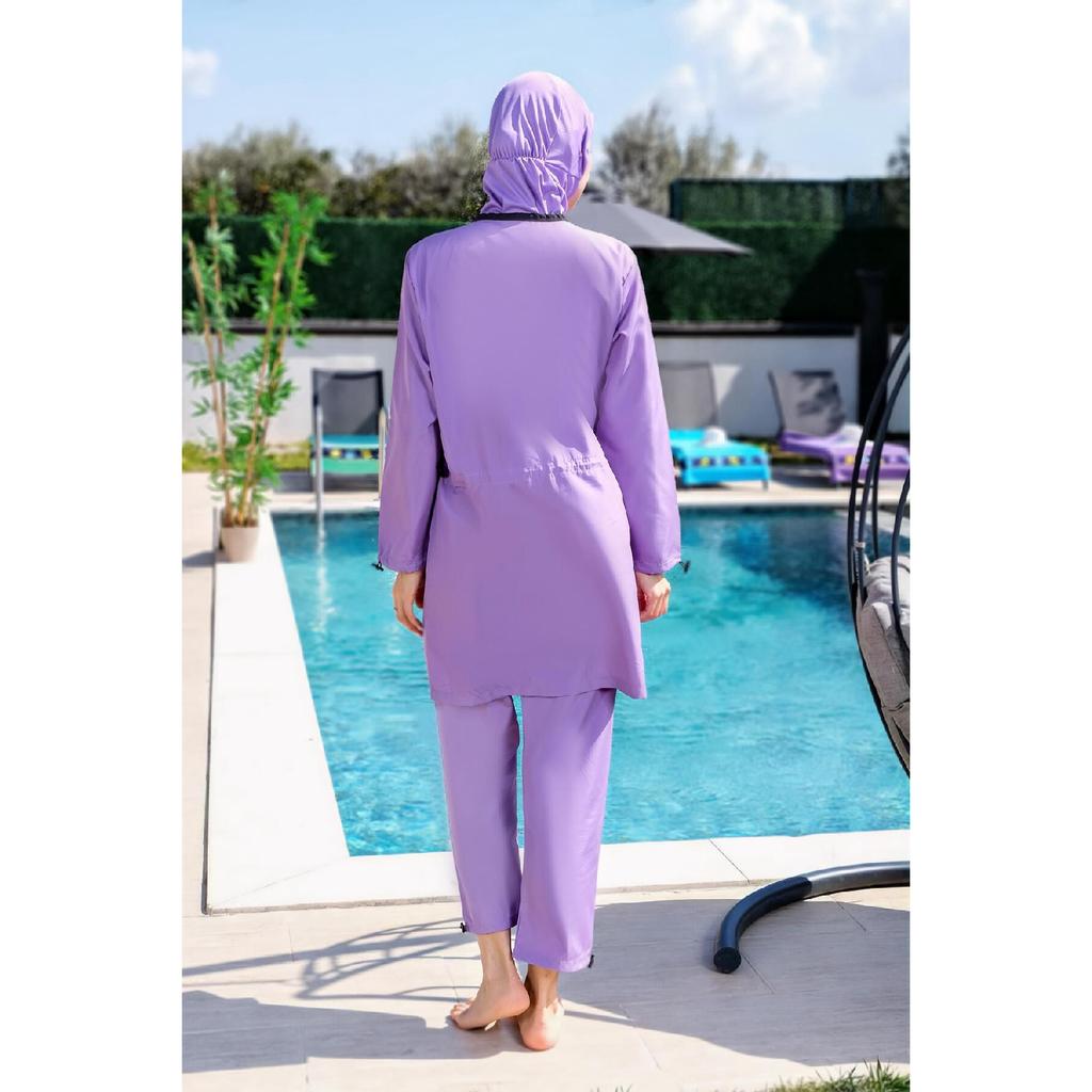 Schwarzer, vollständig bedeckter, wasserabweisender, schnell trocknender Hijab-Badeanzug mit seitlich verstellbarem Reißverschluss