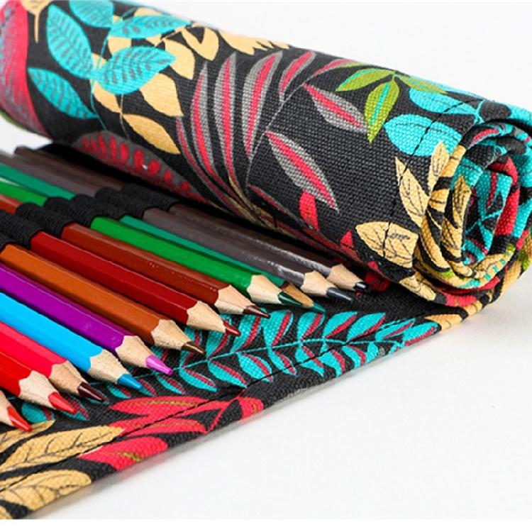 12/24/36/48/72 Holes Leaves Print Pencil Organizer Bag Canvas Pencil Wrap Pencil Roll Bag Pencil Storage Bag