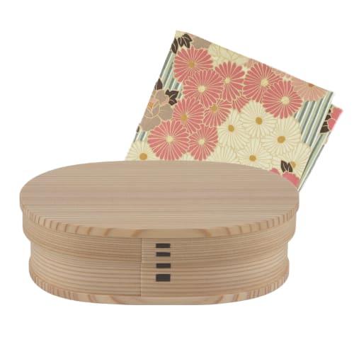 Odate Kogeisha Akita Cedar Bentwood Lunch Box (Oval Bento with Small Furoshiki Wrapping Set, Pink Beige - Small) - Bento Box, Lunch Box, Wooden Bento