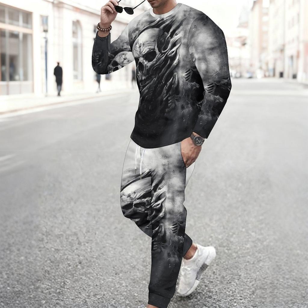 Men Black Background Purple Rose Skull Blue Butterfly Print Long Sleeve Sweatshirt Jogger Pants Two Piece Suit