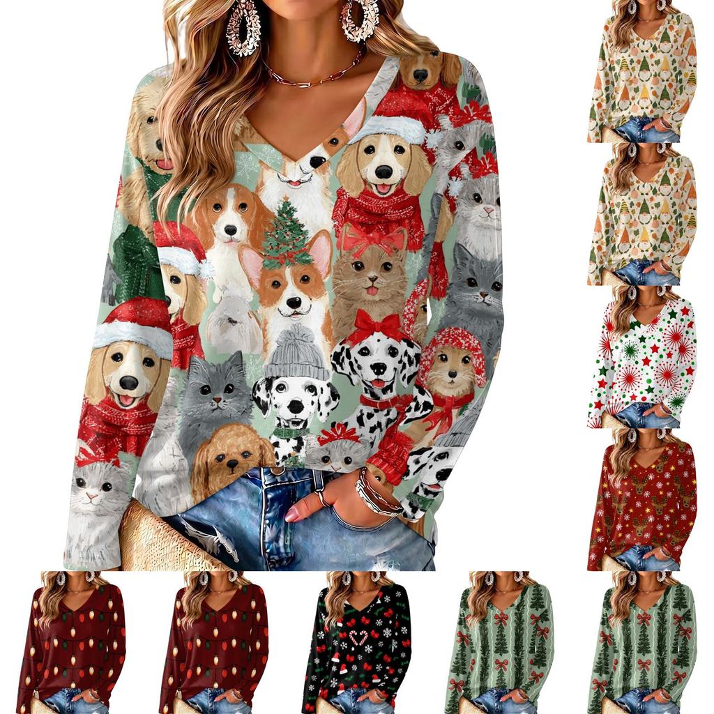 Women's V-Neck Long Sleeve Christmas Print Lightweight Blouse for Spring Summer