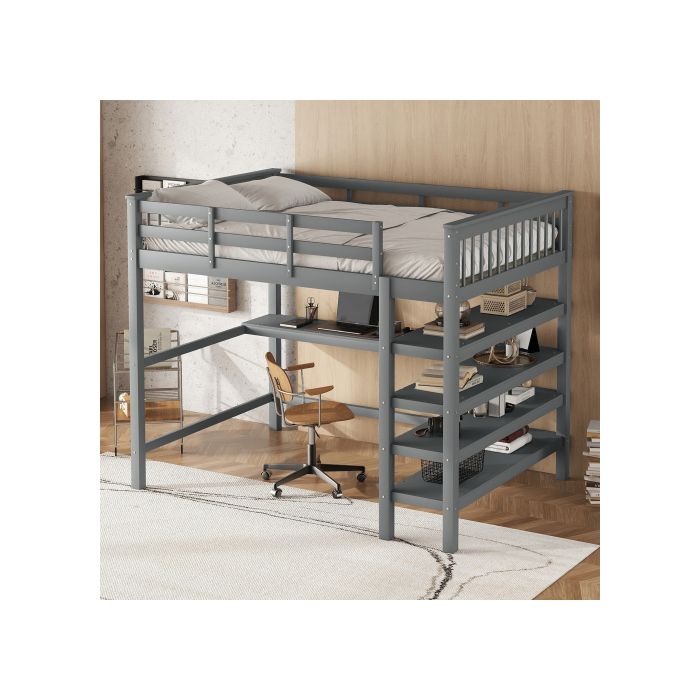 Lit surélevé pour enfants - MUVOE - 140 x 200 cm - Bureau intégré - Rangement sous le lit - Gris