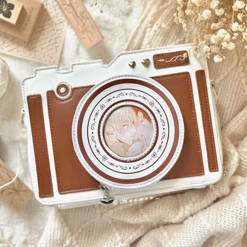 

Harajuku Kawaii Camera Shape Shoulder Bags Women Heart Studs Large Capacity Crossbody Bag Ladies Transparent Anime Ita Bag 2025 22x16x9cm коричневий