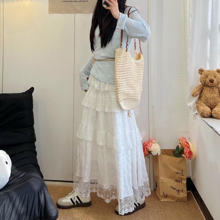 White Lace High-Waist Slimming Long Skirt for Women - Spring/Summer/Autumn