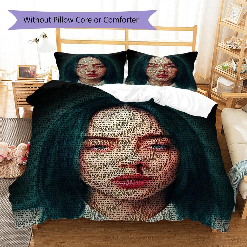 Billie Eilish Pattern Bedding,Quilt Set Quilt Cover Pillowcase Home Birthday Gift (1 * Duvet Cover + 2 * Pillowcase, Without Core)