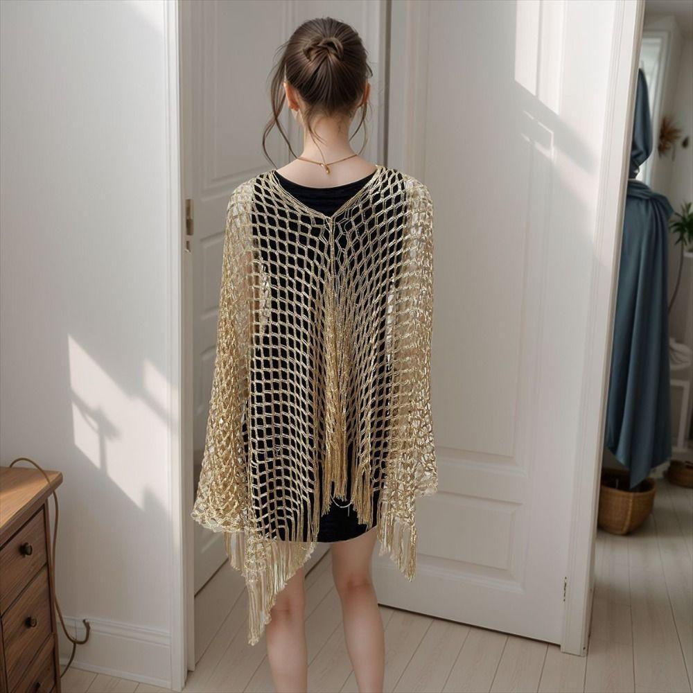 Tassel Sunscreen Cover-up Loose Fit Knit Hollow Out Top Simple Fishnet Swimsuit Cover Up  Vacation