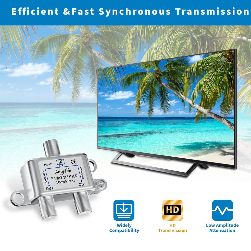 Adoreen 2-Way Coaxial Cable Splitter, 10-2602MHz Mini Bi-Directional Digital Signal RG6/RG59 Coax Indoor&Outdoor for CATV, Satellite, Antenna, MoCA,