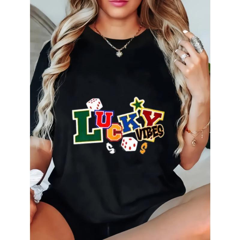 

Lucky Vibes T Shirt Black Colorful Dice Star And Money Symbols Print Casual Wear For Women Party Outfit XXXXL чёрный