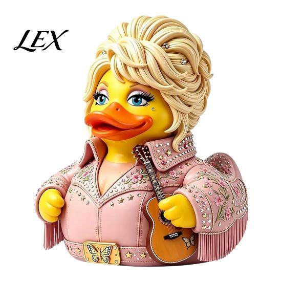 Plastová soška kachny pro domácí dekoraci Parton Memorial Duck, figurka Dolly, soška country hudby, ručně malovaná figurka hudebníka s kytarou, dekorativní