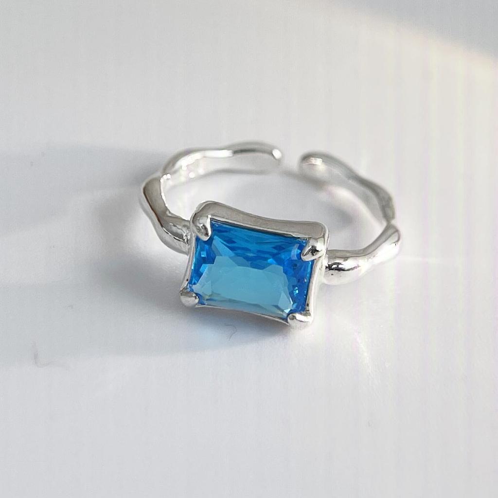 925 Sterling Silver Rings For Women Geometric Fine Jewelry Finger Adjustable Simple Blue Stone Leaf Ring For Party Birthday Gift