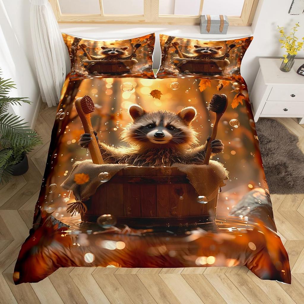 Cartoon Raccoon Bedding Set Cute Raccoon Duvet Cover For Kids Boys Girls Raccoon Lover Gift Wildlife Comforter Cover Twin Queen