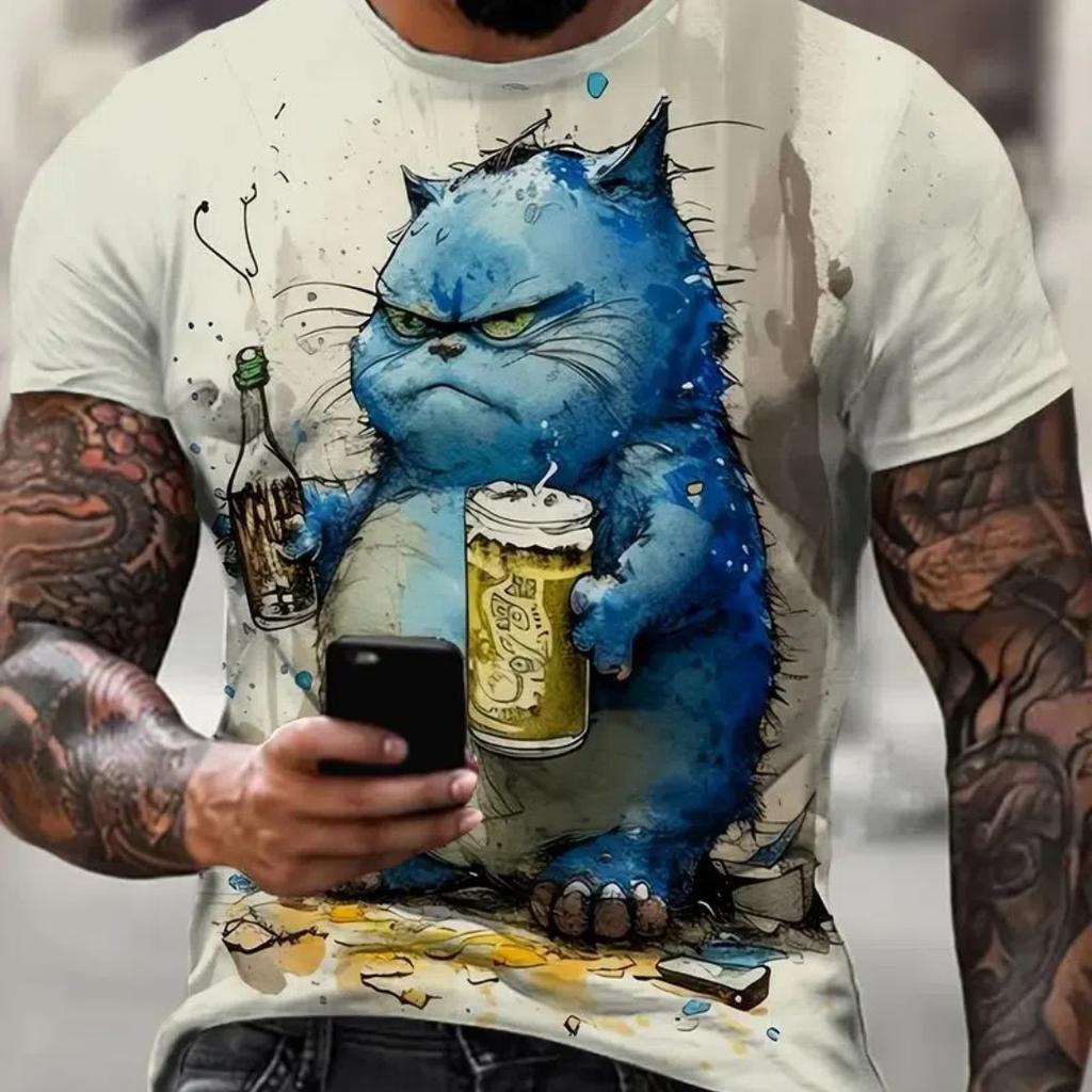 Summer Men's T Shirt Short Sleeve Animal Print Casual O-Neck Oversized Pullover Fashion Streetwear Male Clothing Cat T-Shirts